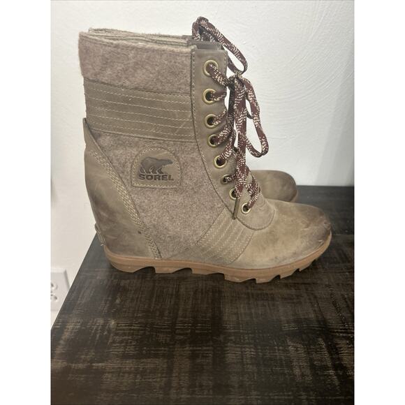 Sorel Lexie Wedge Ankle Boots Kettle Brown Tan Lace Up Leather Utility Chic 10 - Picture 2 of 5